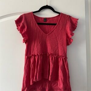 SHEIN Red Textured Blouse with Ruffle Sleeves